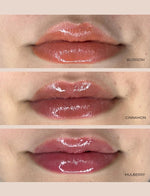 Last inn bildet i Galleri-visningsprogrammet, Tre lepper med økologisk farget leppeolje i nyansene Blossom, Cinnamon, og Mulberry.
